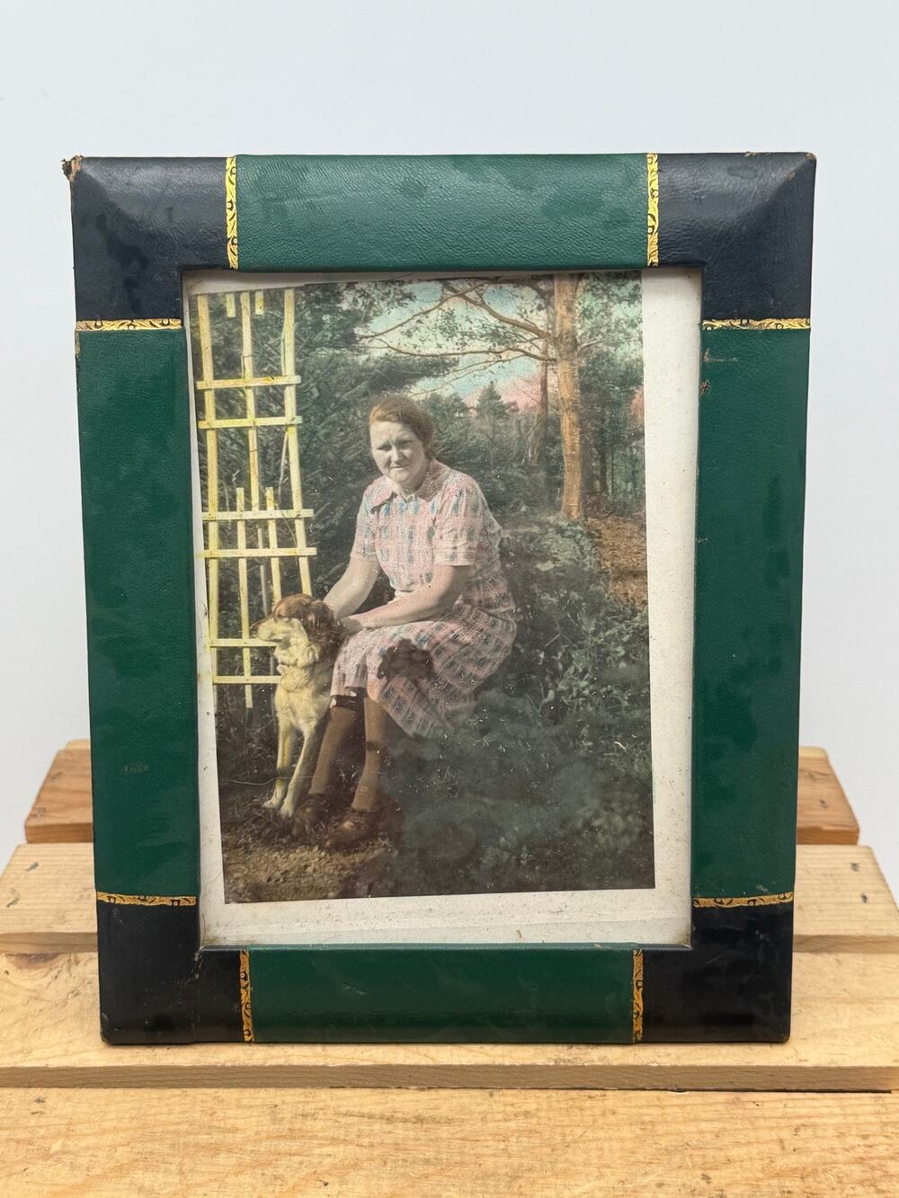 Vintage Hand-Tinted Woman & Dog Portrait in Green Leatherette Frame - 8”x10”